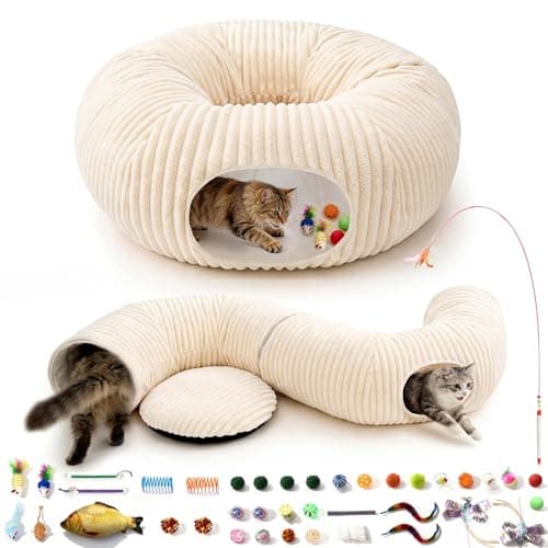 MOYMO Cat Tunnel Bed with 40 Pcs Interactive Cat Toys, Cat Tube with Kitten Toys for Indoor Kittens, Collapsible Play Tunnel, White - Image 1