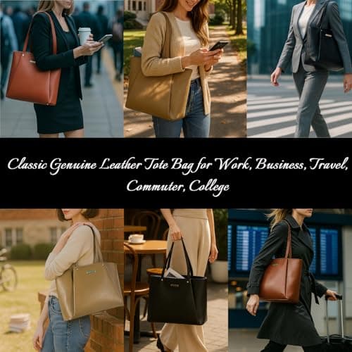 Blofinche Genuine Leather Tote Bag for Women Work Laptop Bag, 15.6 Inch Large Professional Computer Bag with Zipper Closure, Commuter Business Purse for Office Travel, Black - Thumbnail 4