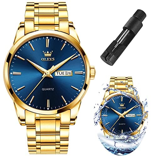 OLEVS Watch Men Gold Blue Stainless Steel Large Face Watches for Men Casual Day Date Mens Watches Classic Water Resistant Analog Quartz Wrist Watch for Man Luxury Golden Reloj para Hombre - Image 1