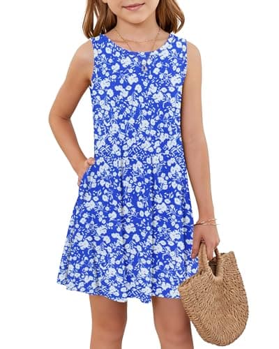 Girls Sleeveless Summer Dress Kids Crewneck Casual Mini Floral A Line Beach Sundresses with Pockets 5-14 Years Blue White Flower M - Image 1