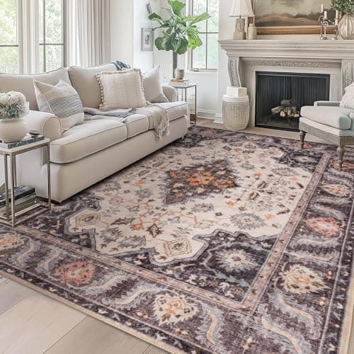 Area Rug 9x12 for Living Room Soft Machine Washable Low Pile Area Rugs Vintage Boho Bedroom,Dinner Room Non-Slip Carpet Rug - Ivory Grey