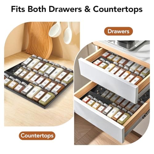 DIOLOVE Spice Rack, Expandable Spice Drawer Organizer (11"-22"), Sturdy & Vented Plastic Seasoning Storage with Labels & Funnel, Drawer Organization for Kitchen, Office, Cosmetic (Jars Not Included) - Thumbnail 4