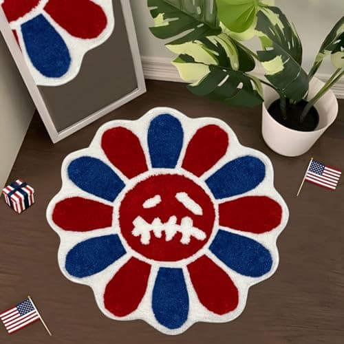 Shovagy Trippy Happy Face Rug 4th of July Bathroom Rugs Patriotic Independence Day Decor Carpet Tufted Quick Dry Non Slip Bath Mats Water Absorbent 2.6FT Red Blue White Bathroom Rugs - Image 1