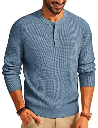Mens Henley Long Sleeve Sweater Slim Fit Ribbed Casual Dress Soft Warm Grandpa Sweater Blue - Image 1