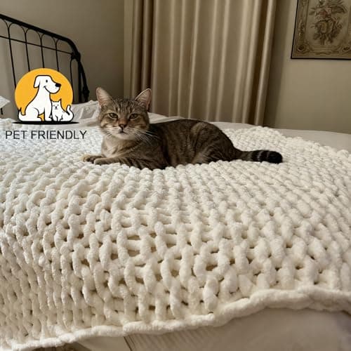Luxury Super Chunky Knit Throw Blanket, Handmade Chenille Cable Knit Crochet Blanket 50x60, Soft Thick Chunky Yarn Knit Throw for Couch & Bed, No Shedding, Ivory/Cream Home Decor Gift - Thumbnail 6
