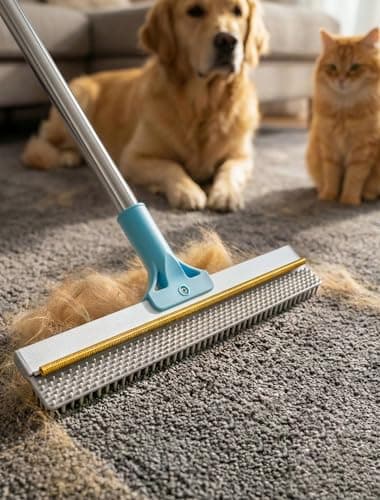 Carpet Rake for Pet Hair Removal: DELOMO Carpet Scraper Broom with 54” Adjustable Long Handle, Dual-Sided, Metal + Short Silicone for Carpets & Rugs, Extended Silicone for Shag Rugs & Hard Floors