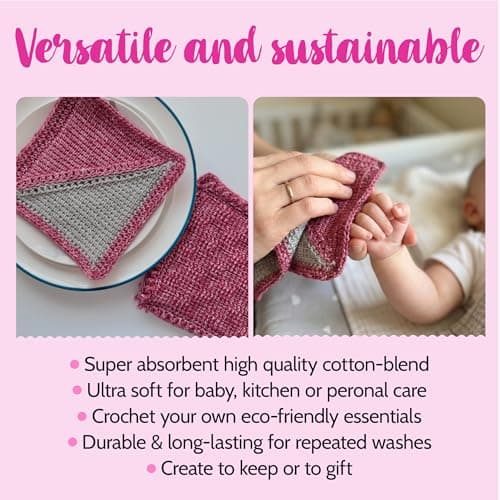 KnitPal Everyday Joy Tunisian Crochet Dishcloth Kit for Confident Beginners – Make 4 Reusable Dishcloths – Cotton Yarn, Tunisian Crochet Hook, 2 Patterns & Video Tutorials (Cherry Red + Elephant Gray) - Thumbnail 4
