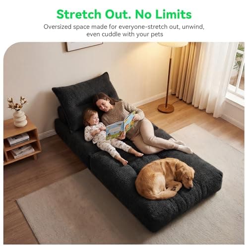 MONVANE Oversized Folding Sofa Bed, Fold Out Chair Bed with Pillow, Convertible Sleeper Chair for Living Room, Guest Room & Bedroom, 400+g Comfy Teddy Velvet Couch Bed for Adults & Kids, Black - Thumbnail 4