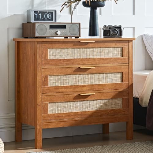 LEYAOYAO 31.5" Wide Rattan Nightstand, Large Boho 3 Drawer Night Stand, Tea Brown Bedside Table with Storage, Tall Bed Side End Tables, Chest of Drawers Dressers for Bedroom, Living Room, Hallway - Image 1