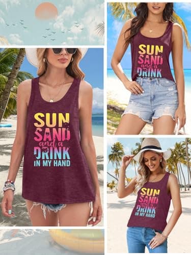 Binshre Graphic Tank Tops for Women Sun Salt Sand Vintage Graphic Racerback Tank Tops Cocoa Palm Print Summer Casual Beach O-Neck Vacation Shirt Cami - Thumbnail 6