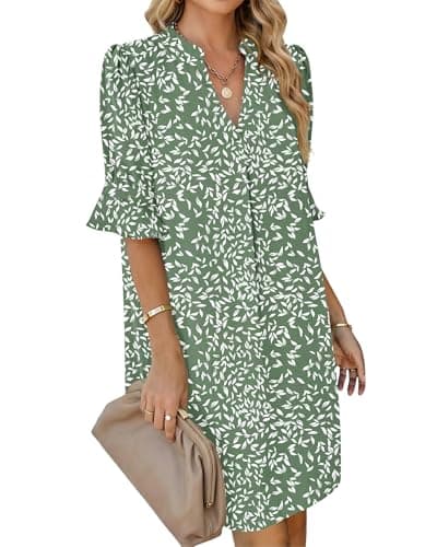 AUSELILY Vacation Dresses for Women V Neck Ruffle Short Sleeve Casual Shift Dress, Olive Green Leaves XL - Thumbnail 2