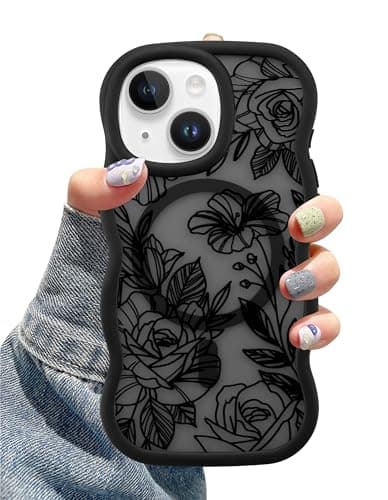 Aitipy Magnetic Case for iPhone 13/14, Compatible with MagSafe, Cute Black Flower Floral Aesthetic Soft Silicone Curly Wavy Shockproof Protective Phone Cover for Women Girls