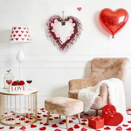 U'Artlines 15 Inch Valentine’s Day Wreath, Pink Heart Shaped Door Wreath with Cute Berries for Valentine’s Day Gift Wedding Anniversary Festival Front Door Wall Decor - Thumbnail 5