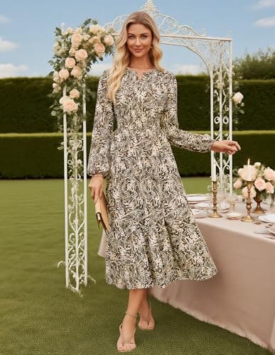 GRACE KARIN Long Sleeve Dress for Women 2026 Spring Wedding Guest Dress Floral Boho A Line Flowy Maxi Dresses with Pockets Brown 2XL - Thumbnail 2