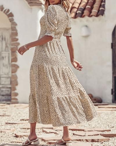 BTFBM Women Casual Summer Dresses 2025 Spring Crew Neck Ruffle Short Sleeve Floral Print Smocked Boho Flowy Maxi Dress(Dot Apricot Coffee, X-Large) - Thumbnail 5