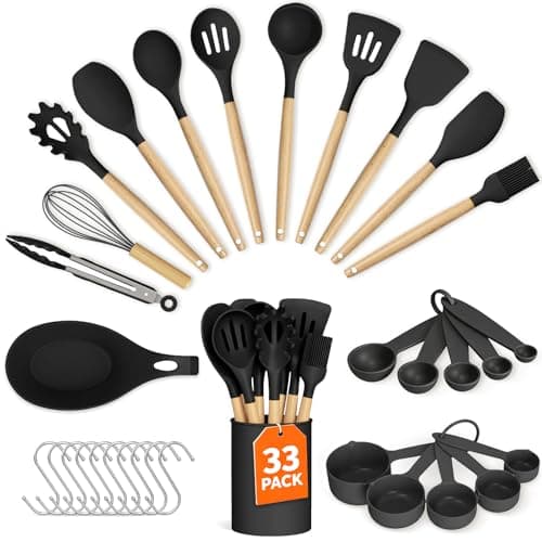 WISELIFE Kitchen Utensils Set - 33 PCS, Heat-Resistant Silicone Cooking Utensils Set with Wooden Handle, BPA-Free Kitchen Gadgets Spatula Sets with Holder for Nonstick Cookware (Black) - Image 1