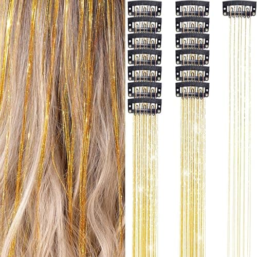 Hair Tinsel 12Pcs Clip in Hair Tinsel Extensions 20.5 Inch Fairy Hair Tinsel Kit for Girls Women Kids Glitter Hair Accessories for Christmas Halloween Cosplay Party (Gold) - Image 1