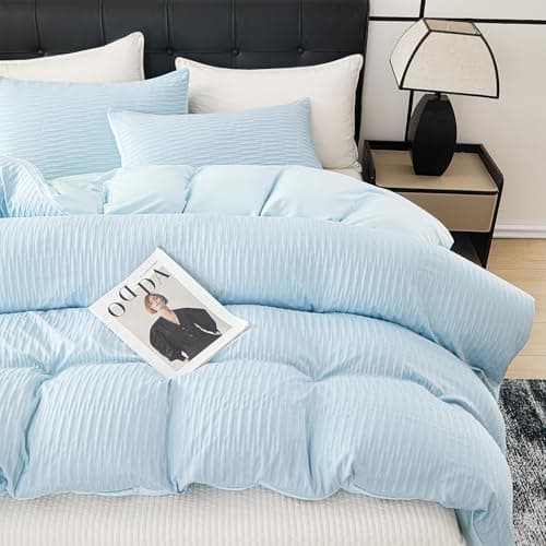 DCSKY Light Blue Duvet Cover Queen Size, 3pcs Washed Microfiber Bedding Set, Soft Breathable Rippled Duvet Cover Set with Zipper Closure for All Seasons - Thumbnail 4