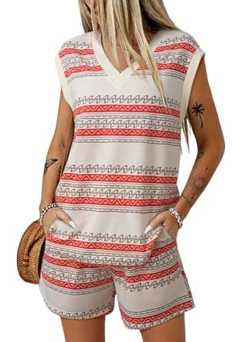 Dokotoo Women's Tops Dressy Casual Sleeveless V Neck Tank Tops Summer 2 Piece Outfits Printed Tie Waist Pockets Shorts Loose Fit Two Piece Sets Resort Wear Apricot Stripe X-Large - Image 1