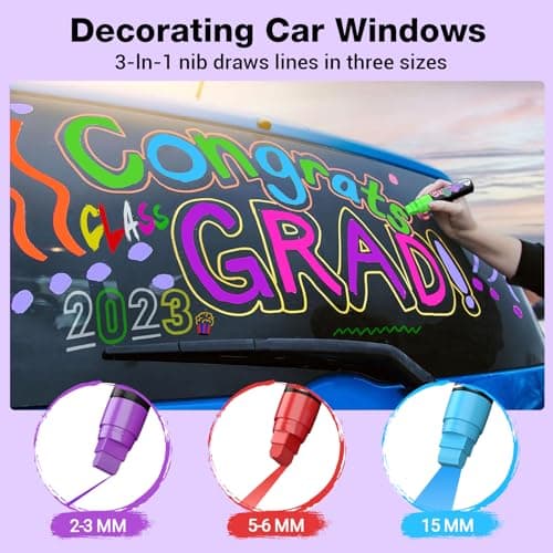 Window Paint Markers for Glass Washable: 8 Pack 15mm Jumbo Liquid Chalk Marker, Neon Glass Markers Pen, Wet Erase for Cars, Auto, White Board, Chalkboard, Black board, Tire, Mirrors, Bistro - 8 Colors - Thumbnail 3