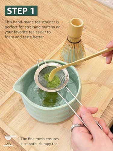 Sisher Matcha Whisk set,Matcha Bowl with Spout，Cute Matcha Set(5pcs)Matcha Bowl , Bamboo Whisk, Matcha Scoop, Matcha Whisk Holder (Chasen Holder), Stainless Steel Sifter, Matcha Making Kit(Green) - Thumbnail 2