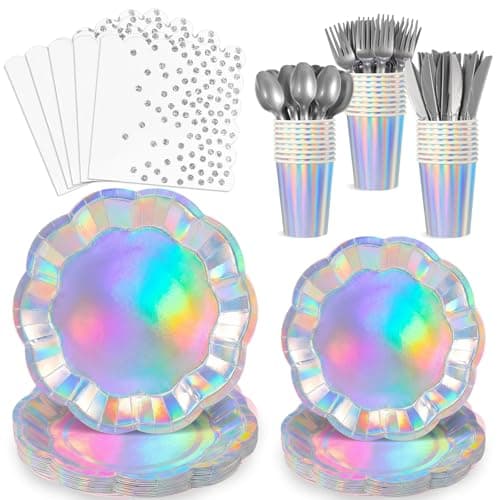 175 Pcs Iridescent Plates and Napkins Set, 25 Guest Iridescent Party Supplies Include Scalloped Plate Napkin Cup Forks Knives Disposable Plastic Cutlery for Birthda Bridal Wedding Disco - Image 1