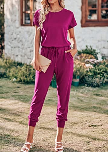 KIRUNDO Jumpsuits for Women Summer 2026 Casual Short Sleeve One Piece Outfits Drawstring Waist Long Pants Romper Jumpers(Purple Red, Medium) - Thumbnail 4