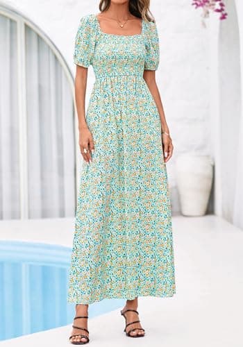 BTFBM Spring Summer Dresses for Women 2026 Puff Short Sleeve Smocked Floral Print Boho Beach Wedding Guest Maxi Dress(Light Green Flower, Small) - Thumbnail 5