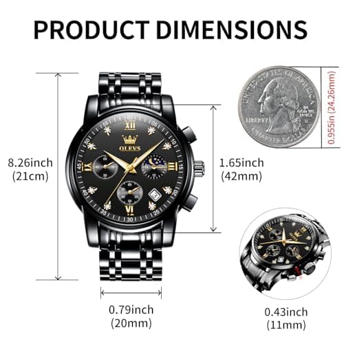 OLEVS Watch Men Black Watches for Men Luxury Analog Quartz Wrist Chronograph Dress Waterproof Mens Watches Big Face Moon Phase Business Fashion Metal Stainless Steel Reloj para Hombre Originales - Thumbnail 2