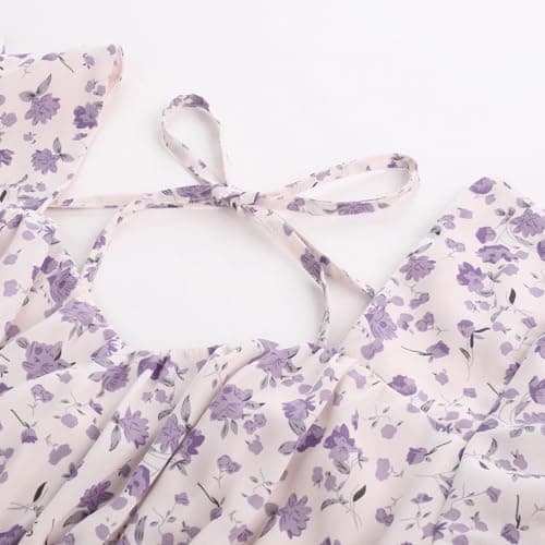 Belle Poque Women's Short Sleeve Square Neck Tiered Ruffle Dress 2025 Square Neck Holiday Beach Midi Dress Purple Large - Thumbnail 3