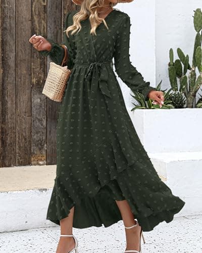 BTFBM Long Sleeve Maxi Dresses for Women Swiss Dot Boho Flowy Slit Cocktail Wedding Guest Dress Spring Clothes 2026(Army Green, XX-Large) - Thumbnail 2