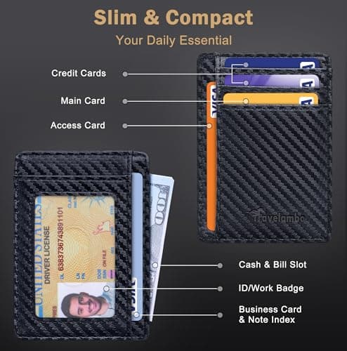 Travelambo Slim Wallet Front Pocket Minimalist Leather RFID Blocking Medium Size (Carbon Fiber Black) - Thumbnail 4