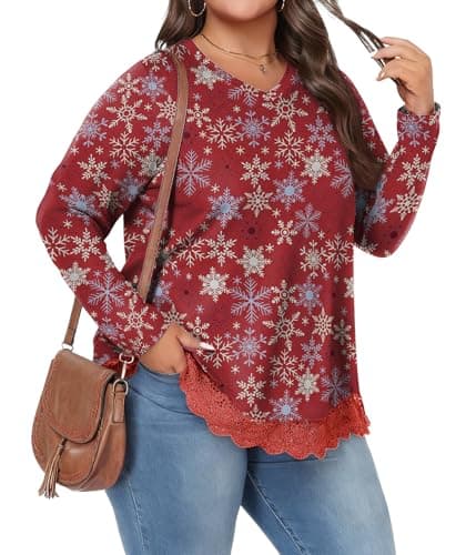 Lastshe Womens Plus Size Curvy Long Sleeves Tunic Tops Casual Fashion Dressy Blouses Trendy Comfortable Tunic, Snow Red, 4X - Image 1