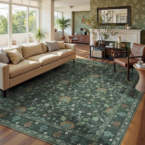 Vibrug 9x12 Area Rugs for Living Room, Floral Vintage Washable Rugs, Soft Boho Non-Slip Low Pile Carpets, Large Area Rug for Dining Room Bedroom Farmhouse Home Indoor Nursery, Dark Green - Thumbnail 3