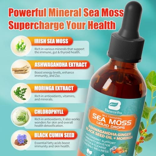 Sea Moss Drops - Irish Sea Moss Chlorophyll Liquid with Black Seed Oil, Ashwagandha, Moringa, Turmeric, Elderberry, Mullein, Seamoss Gel Supplement for Gut & Liver Cleanse, Immune Support - Vegan 2 Oz - Thumbnail 2