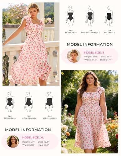 GRACE KARIN Women's Floral Midi Cottagecore Dress Square Neck Ruffle Sleeve Spring Dress Formal Wedding Guest Dresses Pink L - Thumbnail 6