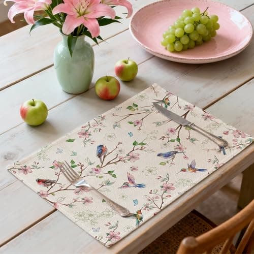 Cusugbaso Spring Placemats Set of 4 12x18 inch for Dinning Table - Floral Bird Branch Spring Decor for Party, Dinner - Farmhouse Seaosonal Table Mats Floral Decroations for Home - Thumbnail 3