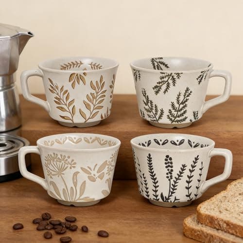 ZPGXLRZ Vintage Ceramic Mug Set - 12 oz Unique Ceramic Coffee Mugs & Tea Cups with Hand-Drawn Patterns, Dishwasher & Microwave Safe, Ideal Gift - Thumbnail 2