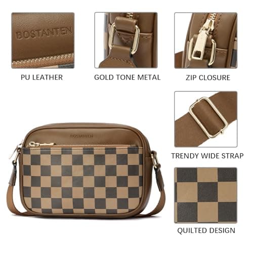 BOSTANTEN Quilted Crossbody Bags for Women Vegan Leather Purses Small Shoulder Handbags with Wide Strap Checkered Coffee - Thumbnail 4