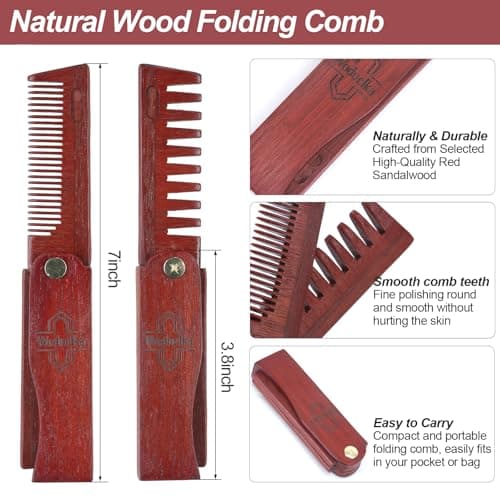 Woduelka 2 In 1 Folding Pocket Comb - Wooden Beard & Hair Styling Tool for Men, Fine Tooth & Wide Tooth Small Comb for Grooming Hair, Beards and Mustache, 180° Rotatable for Outdoor Travel & Home Use - Thumbnail 3