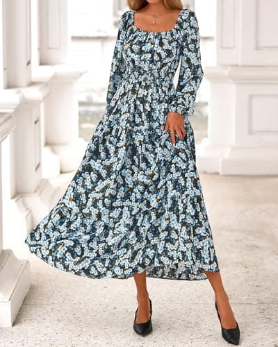 BTFBM Long Sleeve Dress for Women 2026 Spring Fall Boho Floral Square Neck Casual Flowy Long Wedding Guest Maxi Dresses(Floral Blue Yellow, Medium) - Thumbnail 5