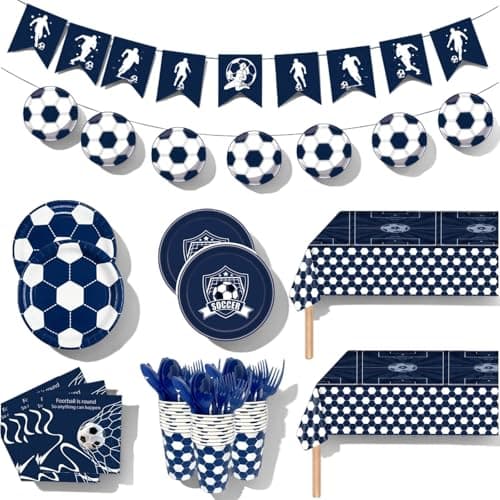 Soccer Plates and Napkins, 171-Count Disposable Soccer Party Supplies Kit with Cups, Cutlery, Banner, Tablecloth | Blue Soccer Theme Birthday Party Decorations, Serves 24 - Image 1