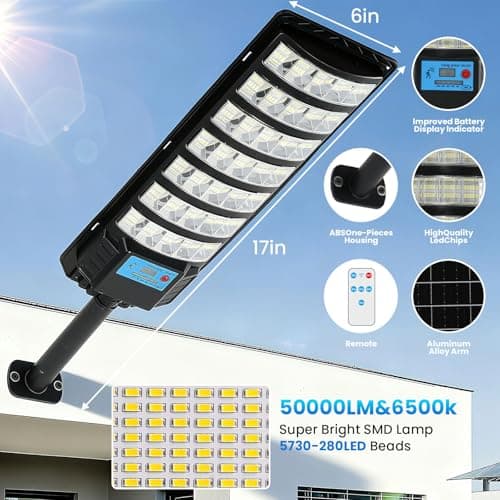 YUNICE Solar Street Lights Outdoor Dusk to Dawn Motion Sensor 280LED 6500K Solar Street Lights Outdoor Waterproof IP67 Parking Lot Light with Pole and Remote Control for Yard(2Pack) - Thumbnail 2