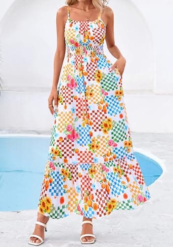 BTFBM Summer Dresses for Women 2026 Sundresses Sleeveless Spaghetti Strap Boho Beach Vacation Outfits Spring Maxi Dress(Floral Plaid Multicolored, X-Large) - Thumbnail 5