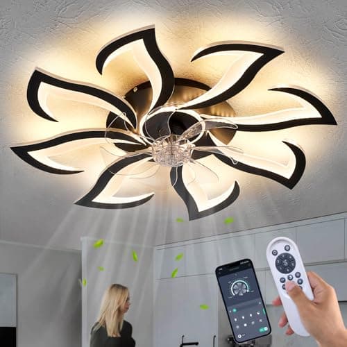 Dalouguan Modern Ceiling Fan with Lights and Remote Control, 32" Black Flush Mount Fan with 3 Light Colors, 6 Speeds, Low Profile for Kitchen and Bedroom