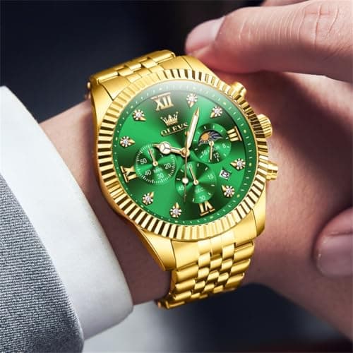 OLEVS Gold Watches for Men Luxury Dress Green Big Face Stainless Steel Analog Quartz Mens Watch Wrist Waterproof Fashion Chronograph Moon Phase Luminous Mens Watches Relojes para Hombres - Thumbnail 3