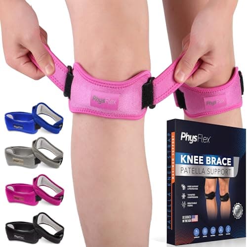 PhysFlex 2 Pack Patella Knee Brace - Knee Support and Pain Relief, Running, Hiking, Basketball, Jumpers Knee, Tendonitis, Adjustable Strap Patellar Tendon Stabilizer (Pink) - Image 1