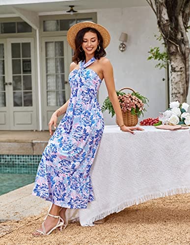 2026 Summer Women's Criss Cross Halterneck Sleeveless Floral Print Flowy A Line Maxi Dress Bluishviolet M - Thumbnail 5