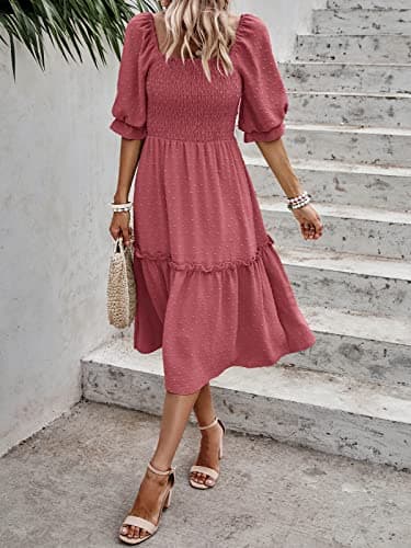 PRETTYGARDEN Women's Summer Casual Midi Dresses 2025 Spring Puff Sleeve Square Neck A-line Flowy Boho Smocked Beah Vacation Dress (Pink,L) - Thumbnail 5