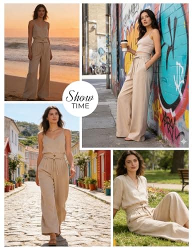 GRACE KARIN Linen Pants Women,Elastic High Waist Wide Leg Pants with Pockets,Comfy Beach Vacation Trousers Gray - Thumbnail 4